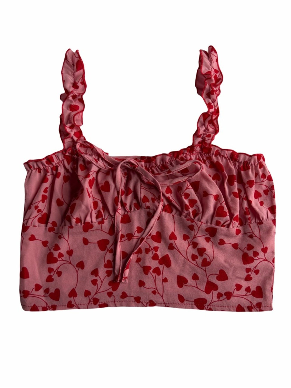 Pink Heart-Print Ruffle Crop Top